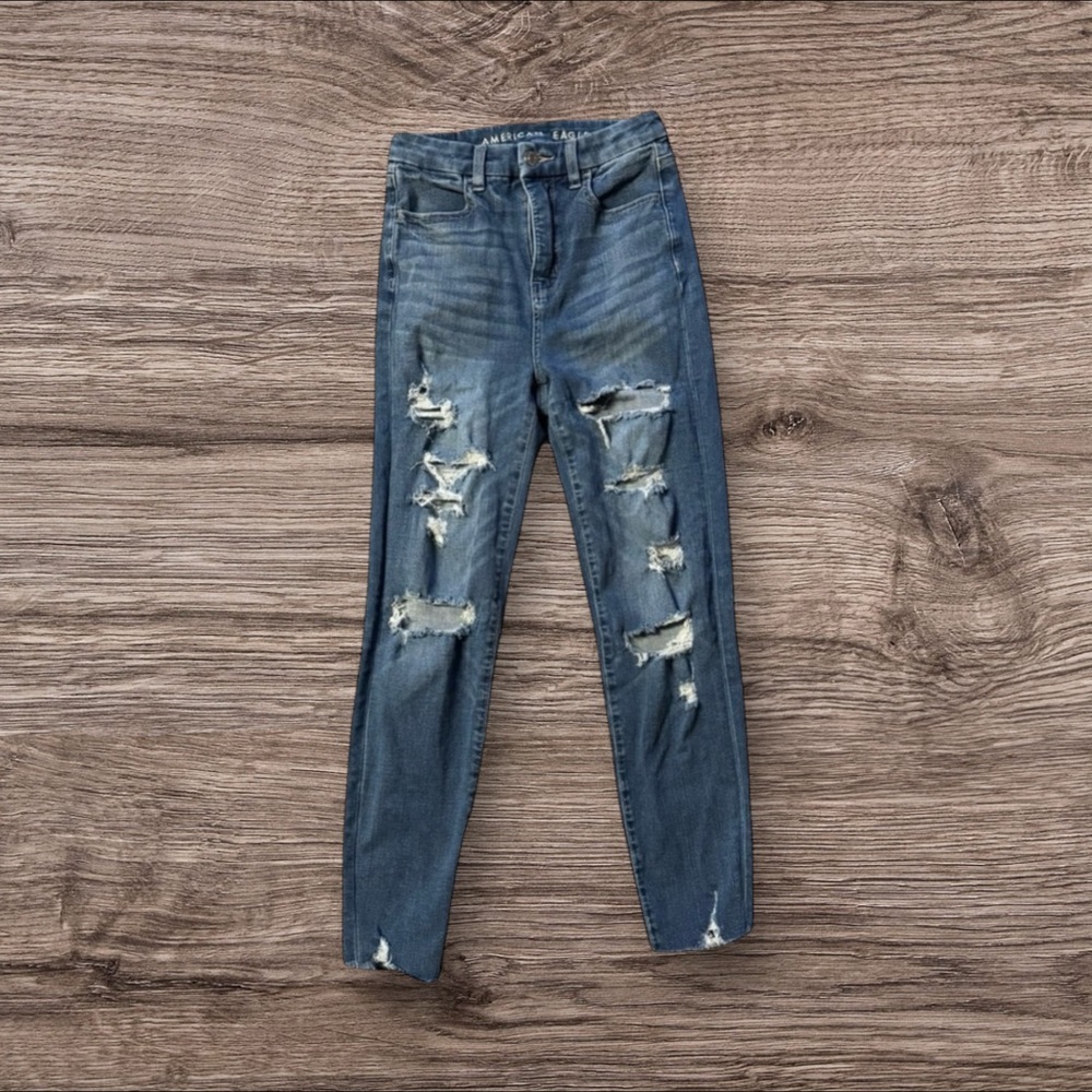 American Eagle “The Dream Jean” Distressed Ripped Blue Skinny Denim Jeans Sz 00‎